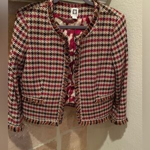 Anne Klein Fall Houndstooth Satin lined fringe trim Blazer Old Money Career 14